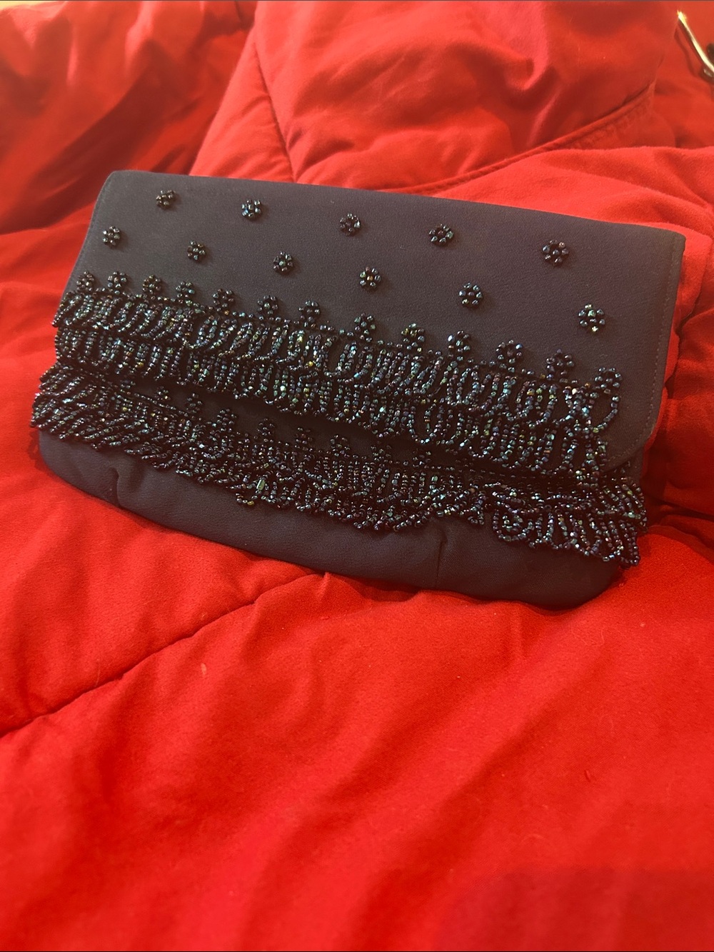 Vintage Soure Navy Beaded Clutch Evening Bag Iridescent Seed Beads Snap Flap
